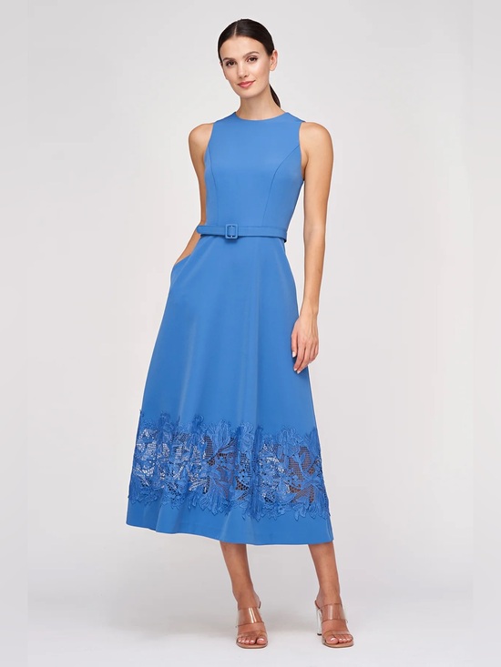 Kay Unger Dresses & Skirts - Kay Unger Vivianne Midi Dress in blue with lace trim size 14